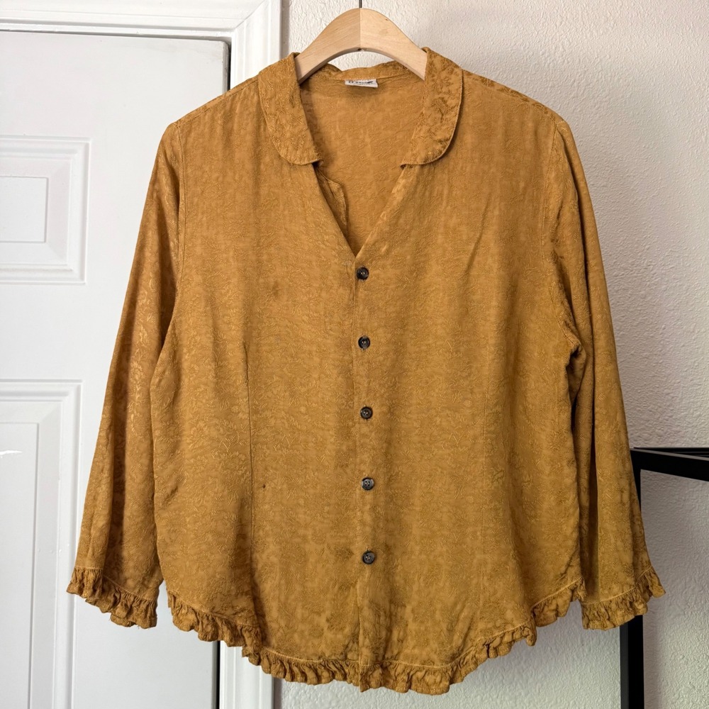 CP SHADES mustard gold satin embroidery floral ruffle boxy shirt‎ blouse top